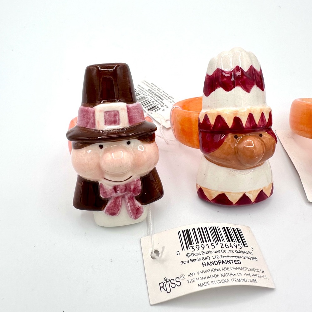 NEW Russ Thanksgiving Ceramic Napkin Rings - Pilgrim Native American Turkey - Picture 2 of 9